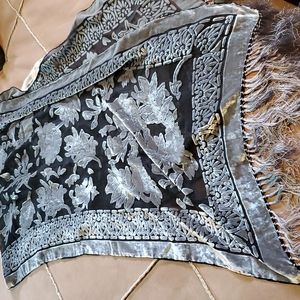 Gray velvet burnout wrap with fringe